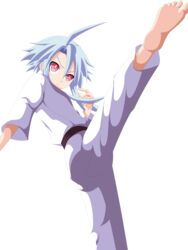  ahoge barefoot blanc blue_hair choujigen_game_neptune female fighting_stance high_kick highres kicking neptune_(series) planeptune power_symbol red_eyes short_hair_with_long_locks simple_background solo symbol-shaped_pupils transparent_background white_heart 