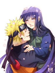  1boy blonde_hair blush closed_eyes commentary_request couple female flower forehead_protector hyuuga_hinata long_hair meiko_(puua) naruto_(series) naruto_shippuuden petals purple_hair short_hair straight tears uzumaki_naruto veil 