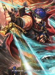  2boys armor belt blue_eyes blue_hair cape commentary_request company_connection copyright_name fingerless_gloves fire_emblem fire_emblem:_path_of_radiance fire_emblem:_radiant_dawn fire_emblem_cipher gloves glowing glowing_weapon headband helmet holding holding_sword holding_weapon ike_(fire_emblem) kuroba.k looking_at_viewer male_focus multiple_boys muscular official_art open_mouth pants polearm red_cape short_hair shoulder_armor sleeveless spear sword weapon 