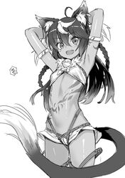  :d animal_ears armpits arms_behind_head braid breasts commentary_request cowboy_shot dark-skinned_female dark_skin fangs female greyscale highres kawakami_rokkaku long_hair looking_at_viewer monochrome navel open_mouth protected_link sennen_sensou_aigis simple_background small_breasts smile solo tail tattoo ur_(sennen_sensou_aigis) white_background 