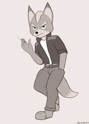  anthro arwokom belt canid canine cigarette clothing fox fox_mccloud hi_res iroquois jacket leaning male mammal military nintendo serious smoking solo star_fox topwear 