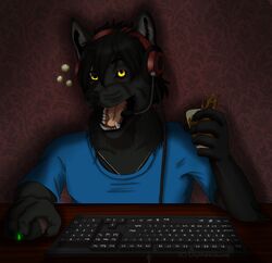  2015 alcohol anthro beer beverage buzzed canid canine canis clothed clothing computer darkwolf_(darkwolfdemon) drunk electronics food fur hair headgear headphones headset hi_res keyboard lets lets_play lilythekitsune looking_at_viewer male mammal microphone open_mouth playing scar shirt silly smile solo substance_intoxication topwear wolf yellow_eyes 