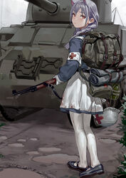  animal_ears armband artist_name backpack bag bedroll braid canteen cat_ears combat_helmet commentary cross feiqizi_(fkey) female fkey gloves gun helmet highres holding holding_gun holding_weapon light_purple_hair looking_back m4_sherman mary_janes military military_vehicle motor_vehicle orange_eyes original pantyhose red_cross rifle sherman_firefly shoes solo stahlhelm tank twin_braids unworn_headwear unworn_helmet weapon white_pantyhose 