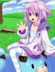  choujigen_game_neptune d-pad dogoo hair_ornament highres looking_at_viewer neptune_(choujigen_game_neptune) neptune_(series) open_mouth planeptune purple_eyes purple_hair short_hair smile solo_focus thighhighs 