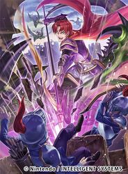  1boy armor arrow_(projectile) bow_(weapon) cape chachie cloud commentary_request company_name dragon faceless faceless_male fire_emblem fire_emblem:_hasha_no_tsurugi fire_emblem_cipher gloves green_eyes helmet holding holding_polearm holding_weapon male_focus official_art open_mouth polearm purple_armor quiver red_hair rock sky solo_focus spear two-handed weapon wings zeed_(fire_emblem) 