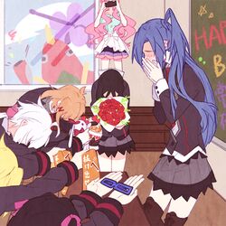  6+girls ahoge akatsuki_kirika black_hair blonde_hair blue_hair blush boots bouquet bow bowing cake cellphone chalkboard classroom commentary_request confetti covering_own_mouth danshi_koukou_valentine_(meme) flower food giving glasses hairbow happy_birthday head_out_of_frame indoors kazanari_tsubasa kohinata_miku layered_skirt long_hair lydian_academy_school_uniform maria_cadenzavna_eve meme milk_puppy multiple_girls no_eyes noise_(symphogear) one_side_up orange_hair phone pink_hair school_uniform senki_zesshou_symphogear serafuku skirt smartphone stuffed_toy tachibana_hibiki_(symphogear) taking_picture thigh_boots thighhighs tsukuyomi_shirabe white_hair window yukine_chris 