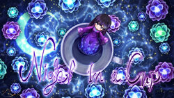  artist_name commentary_request crescent_moon cup dress english_text female floral_print flower from_above hair_flower hair_ornament in_container in_cup long_hair looking_up moon nene_nene photoshop_(medium) purple_dress purple_eyes purple_hair ray-k signature solo utau wide_sleeves 