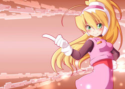  ahoge bangs blonde_hair blush bodystocking breasts capcom cial_(rockman) ciel_(rockman) eyebrows_visible_through_hair female gloves green_eyes hair_between_eyes hand_gesture hand_on_hip headgear high_ponytail index_finger_raiserd inti_creates long_hair medium_breasts pink_skirt ponytail rockman rockman_zero semikichi skirt smile white_gloves 