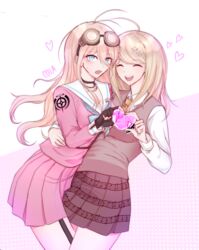  2girls absurdres ahoge akamatsu_kaede bangs bare_legs beige_neckwear black_collar blonde_hair blue_eyes blue_ribbon blush breasts cleavage closed_eyes collar commentary danganronpa eyebrows_visible_through_hair finger_touching fingerless_gloves gloves googles googles_on_head grabbing hair_between_eyes hand_on_own_chest heart heart_background highres iruma_miu jacket large_breasts laughing long_hair multiple_girls musical_note necktie neckwear new_danganronpa_v3 open_eyes open_mouth pink_heart pink_jacket pink_skirt purple_skirt ribbon school_uniform shirt skirt teeth user_sumd2753 white_background white_shirt 