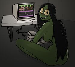  2018 absurd_res amphibian anthro biped black_hair breasts casual_nudity computer digital_media_(artwork) electronics female frog furniture gaming green_body green_skin hair hi_res inside keadonger keyboard long_hair looking_at_viewer looking_back nude open_mouth scp-811 scp_foundation side_boob sitting smile solo table yellow_eyes 