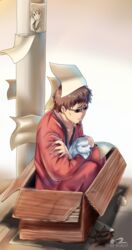  1boy :p absurdres akebono_(kancolle) artist_name box brown_hair canine cardboard_box gintama glasses hasegawa_taizou highres in_box in_container japanese_clothes kantai_collection male_focus nyungsep paper poster_(object) school_uniform serafuku shit smile solo squatting sunglasses tongue tongue_out utility_pole 