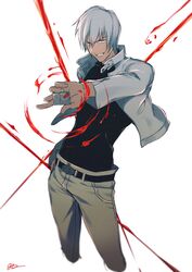  1boy bad_id bad_pixiv_id blood commentary_request cropped_jacket dark-skinned_male dark_skin jacket kekkai_sensen male_focus oui_lion solo turtleneck white_hair white_jacket zap_renfro 