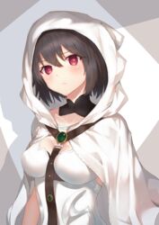  :&lt; arms_at_sides bare_arms black_hair blush breasts cleavage cleavage_cutout cloak closed_mouth clothing_cutout collarbone commentary_request detached_collar fate/grand_order fate_(series) female hair_between_eyes head_tilt highres hood hooded_cloak leotard looking_at_viewer medium_breasts ortlinde_(fate) red_eyes reuri_(tjux4555) shade shadow short_hair solo upper_body valkyrie_(fate) white_cloak white_leotard 