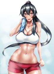  :d bare_shoulders black_hair blush breasts cleavage commentary_request female highres kantai_collection long_hair looking_at_viewer midriff navel open_mouth ponytail red_eyes simple_background sleeveless smile solo sweat tama_(tamakaka1031) towel very_long_hair white_background yahagi_(kancolle) 