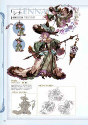  blue_eyes breasts character_name chibi concept_art detached_sleeves dress female flower full_body fur_trim gem granblue_fantasy hat high_heels highres holding jewelry lennah line_art looking_at_viewer medium_breasts minaba_hideo multiple_views non-web_source official_art open_mouth petals photoshop_(medium) purple_hair scan staff standing tiara wide_sleeves witch_hat 