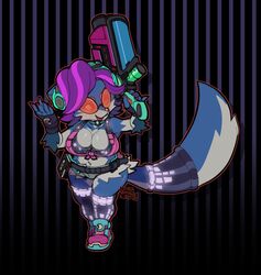  2018 anthro belt big_breasts biped breasts canid canine clothing eyewear female footwear fox fur gun hi-rez_studios hi_res mammal mangneto paladins_(game) pepper_(paladins) purple_body purple_fur ranged_weapon shoes short_stack solo sunglasses video_cassette weapon 