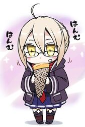  ahoge artoria_pendragon_(fate) black-framed_eyewear blonde_hair blush braid chibi commentary_request crepe eating fate/grand_order fate_(series) female food food_on_face glasses hood hooded_jacket jacket long_sleeves mysterious_heroine_x_alter_(fate) mysterious_heroine_x_alter_(first_ascension)_(fate) plaid plaid_scarf puyo_(puyotopia) red_scarf scarf school_uniform solo standing thighhighs yellow_eyes 