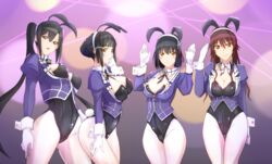  4girls adapted_costume animal_ears arms_at_sides ashigara_(kancolle) asymmetrical_hair baron_(nsbaron) black_hair blunt_bangs breasts brown_hair cleavage commentary_request eyes_visible_through_hair fake_animal_ears folded_hair from_side haguro_(kancolle) hair_between_eyes hairband highres kantai_collection large_breasts light_smile lipstick long_hair looking_at_viewer makeup multiple_girls myoukou_(kancolle) nachi_(kancolle) pantyhose parted_lips playboy_bunny rabbit_ears rabbit_tail salute short_hair side_ponytail tail very_long_hair white_legwear yellow_eyes 