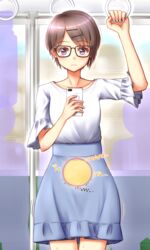  apotea arm_up bladder blouse blue_nails blue_skirt blush bob_cut brown_hair cellphone cowboy_shot eyebrows_visible_through_hair female fingernails frilled_skirt frilled_sleeves frills glasses hair_ornament hairclip hand_up have_to_pee high-waist_skirt holding holding_cellphone holding_phone idolmaster idolmaster_cinderella_girls nail_polish otokura_yuuki phone shirt shirt_tucked_in short_hair short_sleeves silhouette skirt solo_focus standing sweat train_interior translation_request trembling white_shirt x-ray 