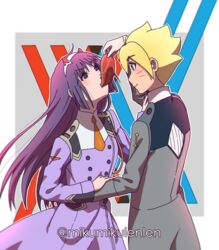  1boy blonde_hair blush boruto:_naruto_next_generations cosplay darling_in_the_franxx female female kakei_sumire long_hair meat purple_hair smile uzumaki_boruto 