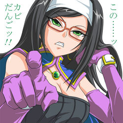  angry black_hair breasts cape cleavage clenched_teeth commentary_request dragon_quest dragon_quest_x earrings elbow_gloves female glasses gloves green_eyes hairband hoop_earrings jewelry large_breasts long_hair pointing pointing_at_viewer purple_gloves red-framed_eyewear runana_(dq10) shimusu solo teeth translation_request white_background 