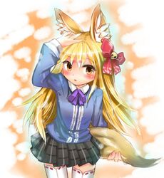  :o ajitarou_(setsu) animal_ears blonde_hair blush bow commentary_request emil_chronicle_online female fox_ears fox_tail hairbow hand_on_own_head loki_alma long_hair ribbon-trimmed_legwear ribbon_trim skirt solo tail thighhighs white_thighhighs yellow_eyes 