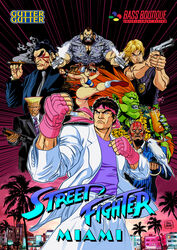  1980s_(style) 6+boys aiming ass bald beard bikini bill_mund bindi bird bird_on_hand black_hair blanka blonde_hair blue_bikini bracelet brown_hair bun_cover chain_necklace chains chest_hair chun-li cigar cocaine cocktail colored_skin cup dark_skin derivative_work dhalsim double_bun drinking_glass drugs edmond_honda emphasis_lines english_text facepaint facial_hair female fingerless_gloves flattop game_console gloves gold_chain green_skin guile gun hair_bun handgun hawaiian_shirt headband highres hurricane_glass jewelry ken_masters miami_vice mma_gloves mohawk multiple_boys necklace orange_hair parody parrot pink_gloves police_badge retro_artstyle ryu_(street_fighter) shirt shotgun signature smoking spiked_bracelet spikes street_fighter street_fighter_ii_(series) style_parody super_famicom swimsuit tan thick_eyebrows topknot weapon zangief 