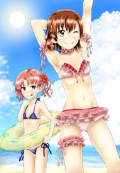  2girls absurdres arm_up beach bikini blue_bikini brown_eyes brown_hair commentary_request cowboy_shot day frilled_bikini frills highres horizon innertube looking_at_viewer misaka_mikoto multiple_girls one_eye_closed oooqqq outdoors pink_hair shirai_kuroko short_hair side-tie_bikini_bottom standing swim_ring swimsuit toaru_kagaku_no_railgun toaru_majutsu_no_index 