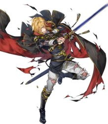  1boy angry ares_(fire_emblem) ascot attack black_cape black_capelet black_coat black_footwear blonde_hair boots bruise cape capelet clenched_teeth coat collar commentary cuts damaged fire_emblem fire_emblem:_genealogy_of_the_holy_war fire_emblem_heroes full_body highres holding holding_sword holding_weapon injury lips looking_to_the_side male_focus medium_hair mystletainn official_art p-nekor pants scowl serious sheath shoulder_pads sidelocks solo sword teeth torn_cape torn_capelet torn_clothes torn_coat torn_pants transparent_background weapon white_pants yellow_eyes 