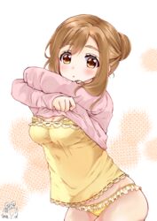  blonde_hair blush brown_hair camisole clothes_lift commentary_request crossed_arms dated female frilled_panties frills hair_bun hair_up kunikida_hanamaru lace-trimmed_camisole lace_trim leaning_forward long_sleeves looking_at_viewer love_live! love_live!_sunshine!! mikimo_nezumi no_pants panties pink_shirt ribbon-trimmed_camisole shirt shirt_lift signature single_hair_bun solo underwear undressing yellow_camisole yellow_panties 