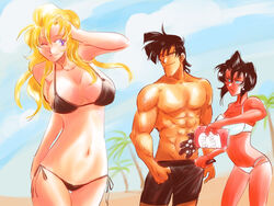  1boy 2girls ;) abs bad_id bad_pixiv_id bean_bandit bikini black_bikini black_hair blonde_hair blue_eyes breasts cleavage commentary_request couple dark-skinned_female dark_skin day dual_persona gunsmith_cats ice ice_cube jealous large_breasts long_hair multiple_girls muscular one_eye_closed photoshop_(medium) rally_vincent rally_vincent_(riding_bean) riding_bean short_hair shorts side-tie_bikini_bottom smile straight swimsuit takokichi topless_male white_bikini 