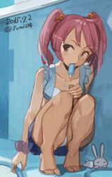  bare_legs barefoot blush commentary_request dated female food hair_bobbles hair_ornament kantai_collection pink_eyes pink_hair popsicle sazanami_(kancolle) solo squatting swimsuit toro_(konirio) twintails twitter_username 