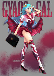  ascot bad_id bad_pixiv_id bag bat_wings blue_eyes blue_hair bracelet clothes_lift earrings female gamera_(series) garayann hair_ornament handbag high_heels highres jewelry long_hair looking_at_viewer panties parted_lips personification photoshop_(medium) school_uniform serafuku skirt skirt_lift solo star_(symbol) tucking_hair underwear white_panties wings 