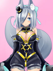  animal_ears blue_eyes breasts commentary_request cosplay detached_sleeves eyes_visible_through_hair fate/extra fate_(series) female fox_ears fox_tail grey_hair hair_ornament hair_over_one_eye hairclip hamakaze_(kancolle) hat highres kantai_collection large_breasts official_alternate_costume pink_background short_hair simple_background sin_(kami148) solo tail tamamo_(fate) tamamo_no_mae_(fate/extra) tamamo_no_mae_(fate/extra)_(cosplay) tamamo_no_mae_(sable_mage)_(fate) tamamo_no_mae_(sable_mage)_(fate)_(cosplay) 