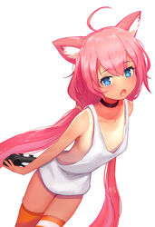  ahoge animal_ear_fluff animal_ears asymmetrical_legwear black_choker blue_eyes blush cat_ears choker commentary_request controller d: dualshock female game_controller gamepad highres hinata_channel long_hair looking_at_viewer low_twintails mismatched_legwear nekomiya_hinata oerba_yun_fang one-piece_tan open_mouth orange_legwear photoshop_(medium) pink_hair playstation_controller simple_background solo standing striped_clothes striped_thighhighs takanoriha_kasui tan tank_top tanlines tears thighhighs twintails very_long_hair virtual_youtuber white_background white_tank_top 