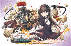  :/ akemi_homura akemi_homura_(black_dress) arms_behind_back barefoot black_dress black_eyes black_hair blanket blush brick_wall chauke commentary_request cuffs dress embers female fire flower full_body funeral_dress hairband homulilly long_hair mahou_shoujo_madoka_magica mahou_shoujo_madoka_magica:_hangyaku_no_monogatari rubble sailor_collar sitting skeleton spider_lily spoilers stocks very_long_hair wariza 