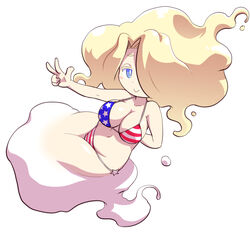  alternate_costume alternate_hair_color american_flag american_flag_bikini american_flag_print bikini blonde_hair blue_eyes blush breasts cleavage commentary_request en&#039;enra enraenra_(youkai_watch) female flag_print hair_over_one_eye large_breasts long_hair navel nollety print_bikini smile solo swimsuit traditional_youkai v white_background wide_hips youkai_(youkai_watch) youkai_watch 