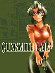  bad_id bad_pixiv_id black_hair blue_eyes bob_cut breasts closed_mouth commentary_request copyright_name cowboy_shot dark-skinned_female dark_skin female gun gunsmith_cats handgun locked_slide medium_breasts pants photoshop_(medium) rally_vincent shirt short_hair solo t-shirt takokichi weapon 