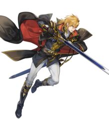  1boy angry ares_(fire_emblem) ascot attack black_cape black_capelet black_coat black_footwear blonde_hair boots cape capelet coat collar commentary fire_emblem fire_emblem:_genealogy_of_the_holy_war fire_emblem_heroes full_body highres holding holding_sword holding_weapon lips looking_to_the_side male_focus medium_hair mystletainn official_art p-nekor pants scowl serious sheath shoulder_pads sidelocks solo sword teeth transparent_background weapon white_pants yellow_eyes 