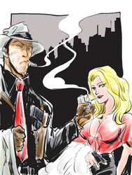  1boy alternate_costume bad_id bad_pixiv_id bean_bandit black_hair blonde_hair blue_eyes breasts brown_gloves cigarette cleavage commentary_request fedora female film_noir formal gloves gun handgun hat holster large_breasts lighter lighting_cigarette long_hair necktie photoshop_(medium) rally_vincent_(riding_bean) riding_bean shoulder_holster sideburns smoking suit takokichi trigger_discipline weapon zippo_lighter 