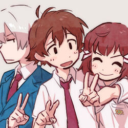  2boys bad_id bad_pixiv_id blush brown_hair female kakumeiki_valvrave l-elf lowres multiple_boys rendan sashinami_shouko school_uniform short_hair silver_hair smile tokishima_haruto v 