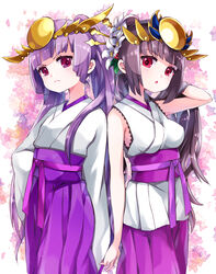  2girls :o blush breasts brown_hair closed_mouth commentary_request flower hair_flower hair_ornament hakama hakama_skirt hand_in_own_hair headpiece highres japanese_clothes kimono long_hair long_sleeves medium_breasts multiple_girls obi parted_lips pikomarie ponytail purple_eyes purple_hair purple_hakama puzzle_&amp;_dragons sash short_kimono skirt sleeveless sleeveless_kimono sleeves_past_fingers sleeves_past_wrists twintails very_long_hair white_background white_flower white_kimono wide_sleeves yomi_(p&amp;d) 