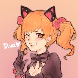  animal_ears bad_id bad_pixiv_id black_bow black_cat_d.va black_dress black_gloves blonde_hair bow bowtie breasts brown_eyes cat_ears character_name cleavage d.va_(overwatch) dress earrings female gloves godzillaguai gradient_background grin hairbow heart heart_earrings highres jewelry lolita_fashion looking_at_viewer official_alternate_costume one_eye_closed overwatch overwatch_1 pink_background pink_bow pink_lips puffy_short_sleeves puffy_sleeves short_sleeves small_breasts smile solo tan_background twintails upper_body 