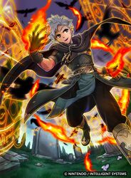  1boy bad_id bad_twitter_id bird boey_(fire_emblem) boots brown_eyes cape circlet company_name crow dark-skinned_male dark_skin fire fire_emblem fire_emblem_cipher fire_emblem_echoes:_shadows_of_valentia gloves grass magic_circle male_focus official_art open_mouth solo teeth tombstone tree white_hair 