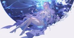  absurdres blue_eyes blue_flower breasts cantarella_(wuthering_waves) commentary_request crossed_legs cup dress female flower hair_between_eyes hair_flower hair_ornament high_heels highres holding holding_cup jellyfish large_breasts long_hair looking_at_viewer partial_commentary purple_hair qiuqiuku shoes shrug_(clothing) solo teacup thighhighs very_long_hair white_dress white_shoes white_shrug white_thighhighs wuthering_waves 