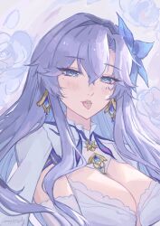  blue_eyes blue_flower breasts cantarella_(wuthering_waves) commentary earrings facial_mark female flower hair_flower hair_ornament highres jewelry large_breasts long_hair looking_at_viewer mark_under_eye mole mole_under_eye nosheltergirl purple_hair shrug_(clothing) signature solo tacet_mark_(wuthering_waves) tongue tongue_out upper_body white_shrug wuthering_waves 
