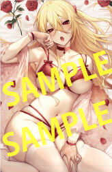  :o arm_up armpits blanket blonde_hair blush bow bow_bra bow_panties bra breasts choker cleavage commentary_request crossed_bangs curvy danimaru eiyuu_fuufu_no_tsumetai_shinkon_seikatsu elise_stren female flower gloves hair_between_eyes hand_on_own_face hand_on_own_thigh lace lace_bra large_breasts lingerie long_hair looking_at_viewer lying micro_panties multi-strapped_bra multi-strapped_panties navel official_art on_back on_bed panties petals raised_inner_eyebrows red_choker red_eyes red_flower red_rose rose rose_petals sample_watermark see-through_clothes see-through_gloves see-through_shirt shirt solo stomach string_panties thighhighs thighs underboob underwear watermark white_thighhighs 