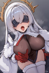  absurdres artist_name azur_lane blindfold blush breasts commentary e.c.ho facing_viewer feather_boa female from_above fur-trimmed_thighhighs fur_trim gloves gold_halo grey_hair hair_between_eyes halo highres krasny_kavkaz_(azur_lane) large_breasts long_hair one_eye_covered open_mouth pelvic_curtain pov red_gloves shrug_(clothing) solo_focus spiked_halo steam thighhighs tongue tongue_out white_shrug white_thighhighs 