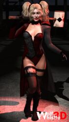  1girls 3d 3d_(artwork) alternate_version_available batman_(series) blonde_hair boobs breasts coat coattails collar dc dc_comics female female_focus female_only fully_clothed hammer harleen_quinzel harley_quinn injustice_2 leather_gloves light-skinned_female light_skin makeup mallet solo spotlight tattoos tits twintails wolfwhistle3d 