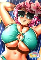  1girls alternate_version_available arms_behind_head beach beach_towel belly_button big_breasts bikini bikini_aside bikini_top breasts cleavage closed_eyes female female_focus female_only flower_in_hair huge_breasts large_breasts ruby_(sasatseng) sasatseng stomach sunglasses tinted_eyewear 